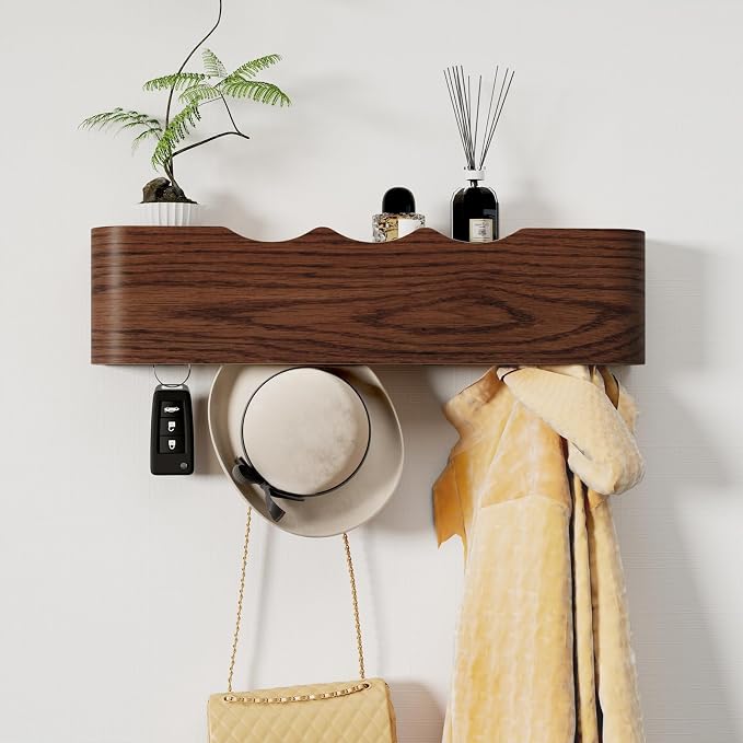 Coat Rack Wall Mount with Shelf 4 Hidden Hooks Modern Wooden Key Holder by Jadoxy