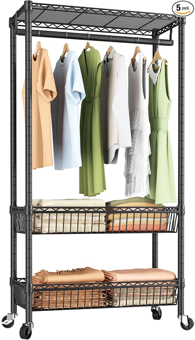 Heavy Duty Clothes Rack Rolling Garment Rack, Adjustable Wire Shelving Clothing by Golpart