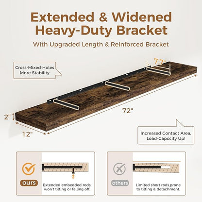 Fun Memories 72 Inch Floating Shelf, 12 Inch Deep Wall Shelf - Image 3