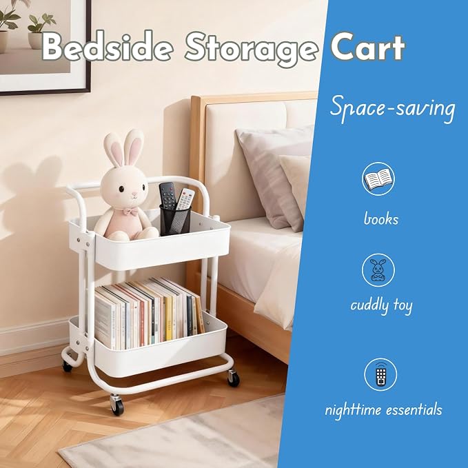 2 Tier Cart with Wheels Under Desk Storage with Handle, Metal Rolling Pantry - Image 9