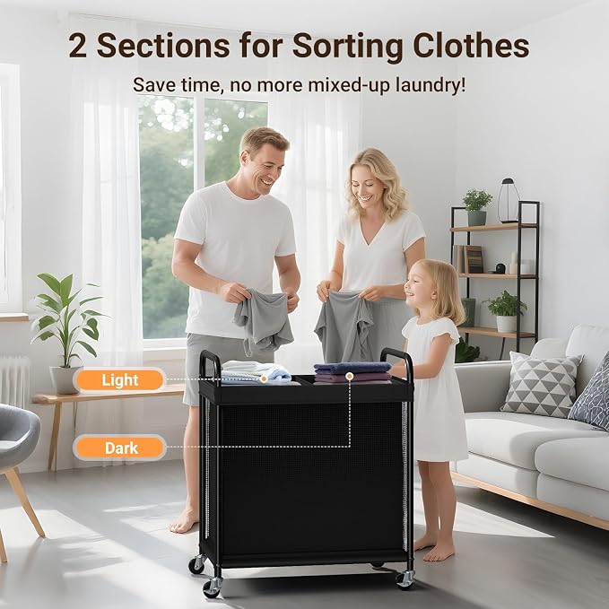 ELYKEN Laundry Hamper 2 Section, 100L Rolling Laundry Sorter - Image 6