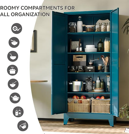 COFaR 71" Metal Pantry Cabinet in Peacock Blue, 5-Tier Storage - Image 5