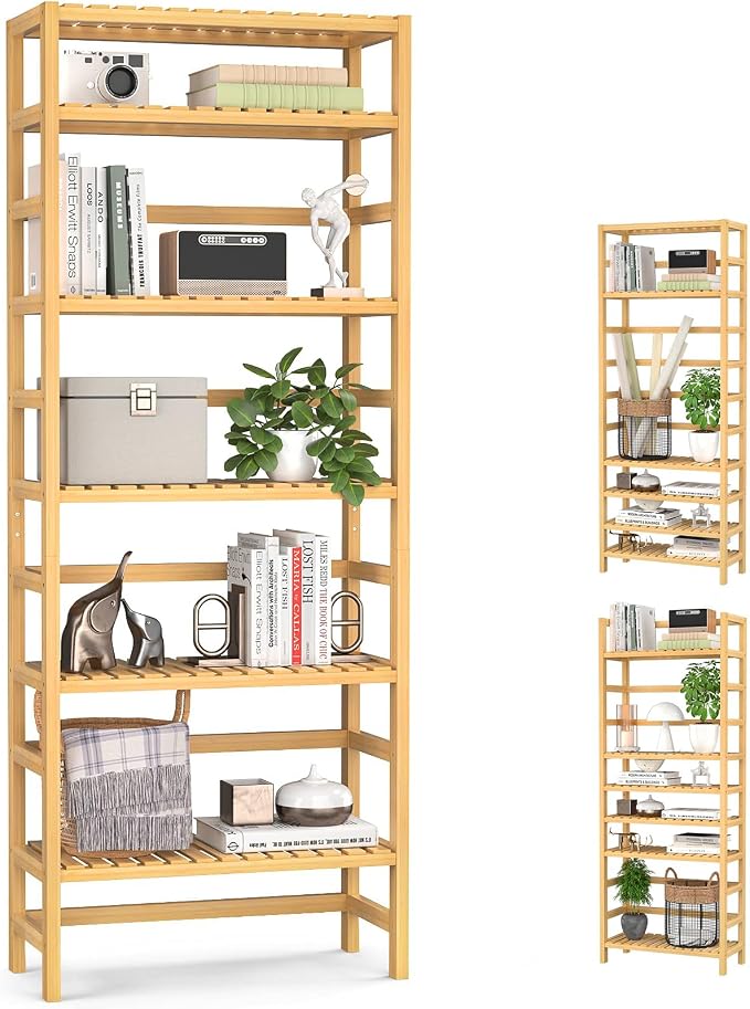 Homykic 6-Tier Bamboo Bookshelves and Bookcases, Adjustable 63.4”Tall Shallow by Homykic