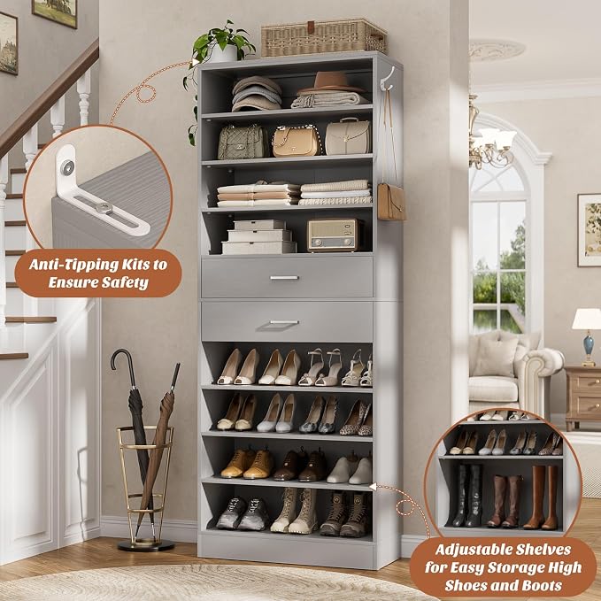 Aheaplus Tall Shoe Cabinet, 10 Tiers Wood Shoe Rack, Vertical Shoe Storage - Image 3