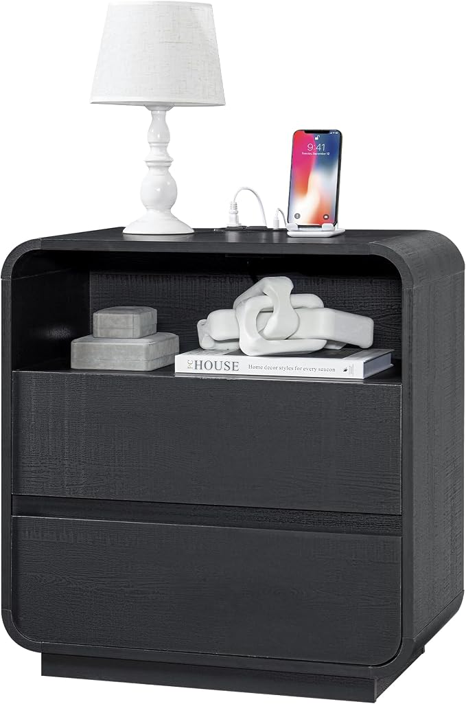 Black Nightstand with Charging Station, Modern End Table with 2 Storage Drawers by StandifurnoFurniture