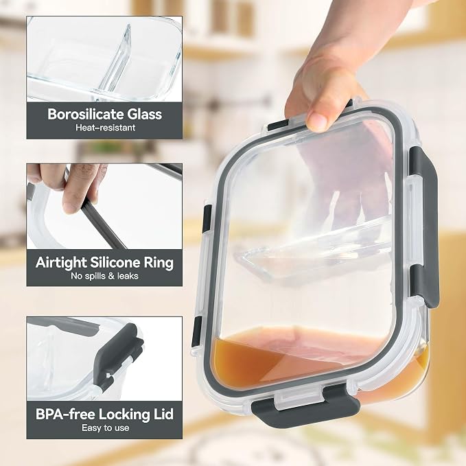 BAYZZ 5 Pack 35 Oz Glass Meal Prep Containers 2 Compartments, Glass Storage - Image 2