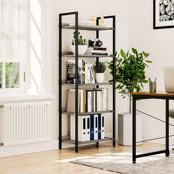 NUMENN Bookshelf, 5 Tier Freestanding Shelving Unit, Falling Prevention Baffle - Image 4