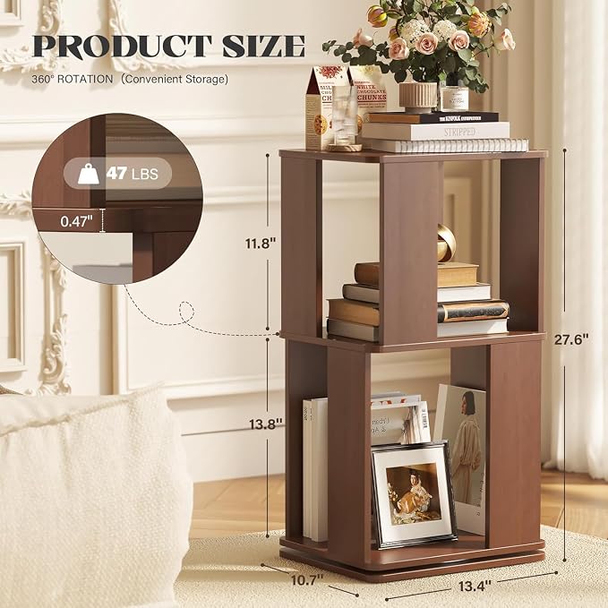 Easyego 2 Tier Solid Wood Rotating Bookshelf, 360° Upgrade Spinning Book Shelf - Image 2