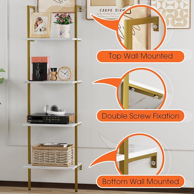 Ladder Shelf 4 Tiers Metal Industrial Bookshelf, Wall Mount Wide Book Case - Image 5