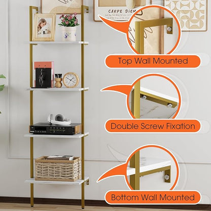 Ladder Shelf 4 Tiers Metal Industrial Bookshelf, Wall Mount Wide Book Case - Image 5