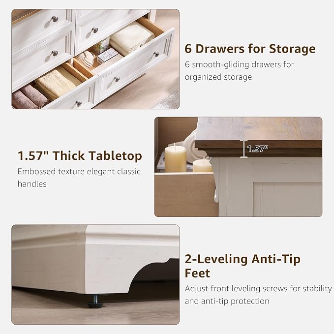 Farmhouse 6 Drawers Dresser for Bedroom, Wooden Dresser TV Stand - Image 5