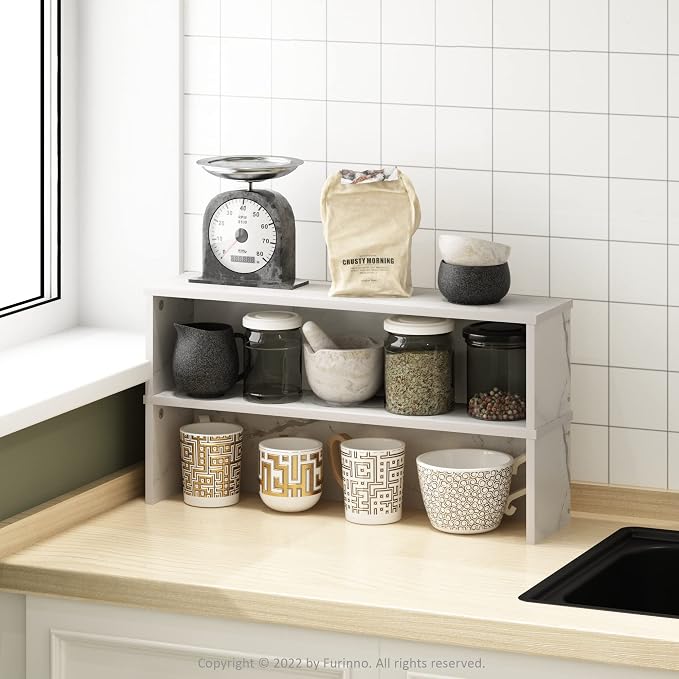 Furinno Helena Kitchen Counter Stackable Organizer Shelf, Marble White - Image 4