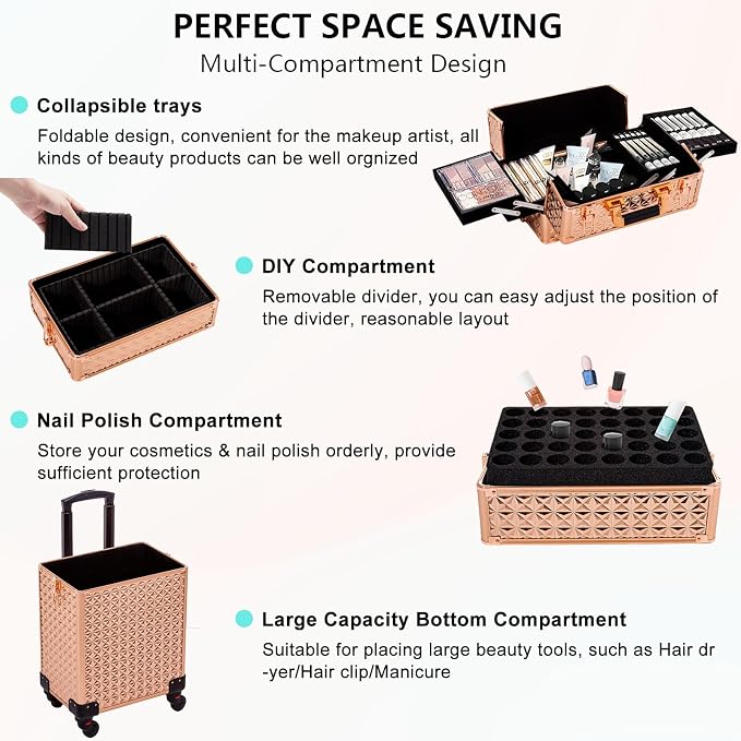 AROUS 5 in 1 Rolling Makeup Train Case Cosmetology Case on Wheels Large - Image 6