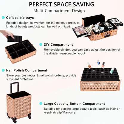 AROUS 5 in 1 Rolling Makeup Train Case Cosmetology Case on Wheels Large - Image 6