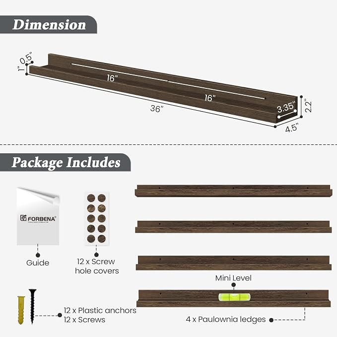 Forbena 36 Inch Long Picture Ledge Shelf, Wooden Floating Shelves - Image 3