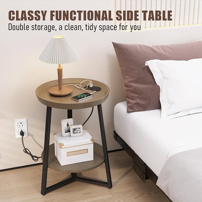 Gadroad Round End Table with Charging Station, USB Ports, Wood Tabletop & Black - Image 7