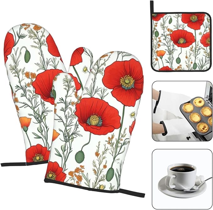 Oven Mitts and Pot Holders Sets of 3 Poppy Flower Pattern Oven Mitts 3 Pcs Heat - Image 7