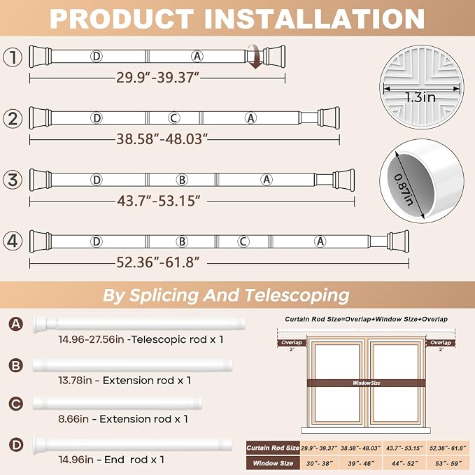 1PCS White Shower Curtain Rod 30-63 Inch, Tension Curtain Rods No Drilling | - Image 5