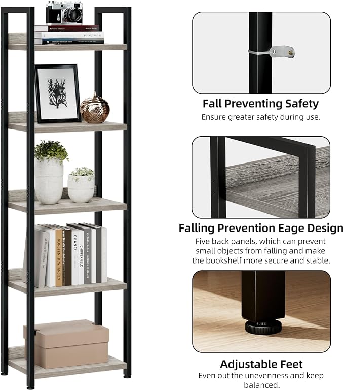 NUMENN Narrow Bookshelf, 5 Tier Freestanding Shelving Unit, Falling Prevention - Image 5