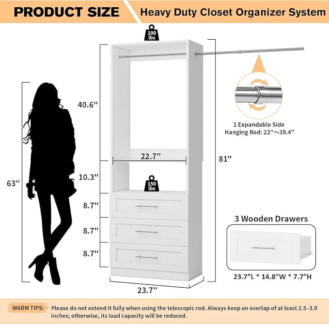 Closet System with 3 Drawers, 2FT-5FT Customizable Closet Organizer System with - Image 2