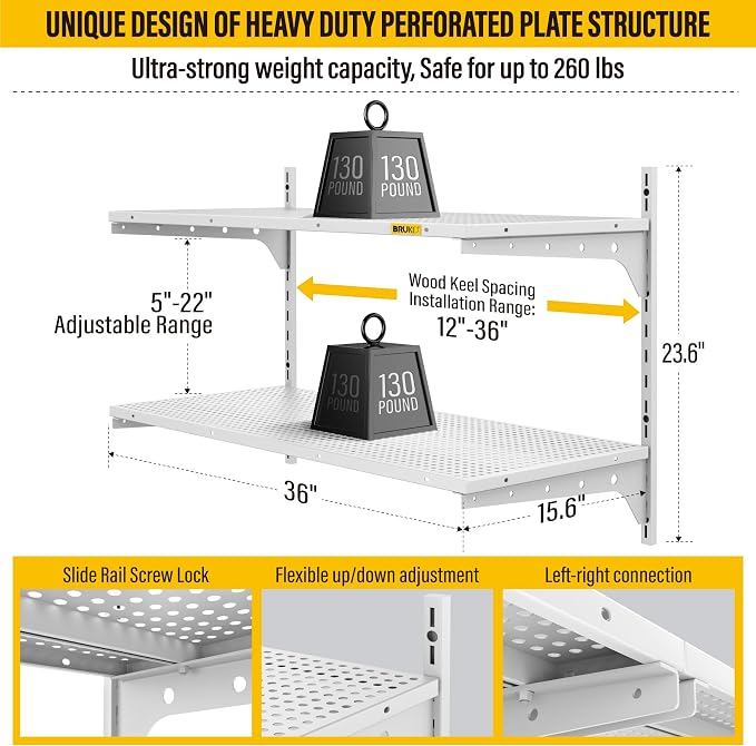 2 Tier 1.3x3ft Garage Shelving Wall Mounted, 15.6x36inch per Shelf Height - Image 3