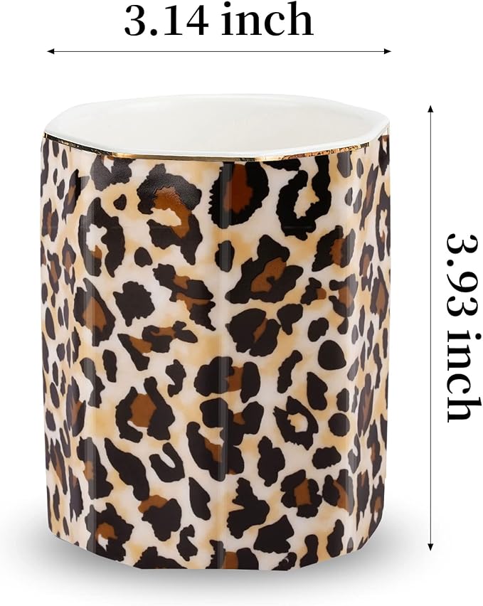 Jwest Pen Holder, Makeup Brush Holder Ceramic Shiny Gold Leopard Cheetah - Image 4