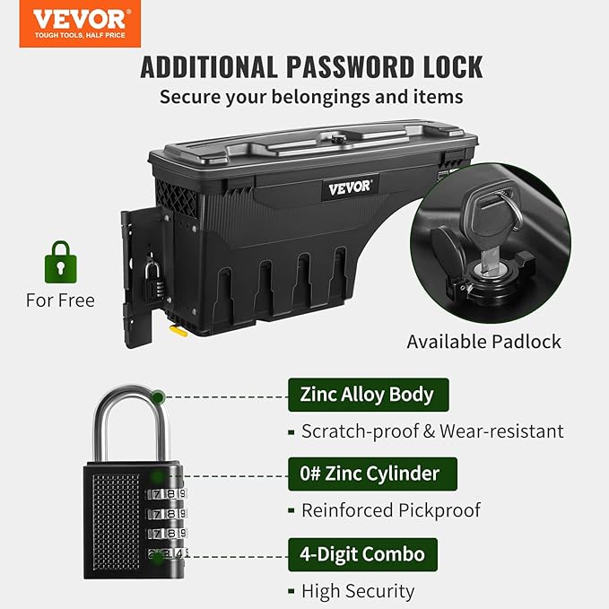 VEVOR Truck Bed Storage Box, Lockable Lid, Waterproof ABS Wheel Well Tool Box - Image 3