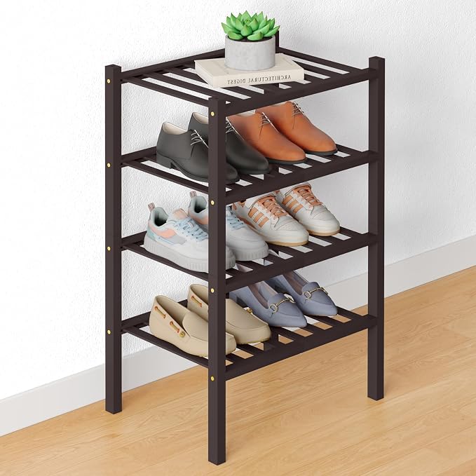 Smiry Bamboo Shoe Rack for Closet, 4 Tier Small Wooden Stackable Shoe Organizer by Smiry