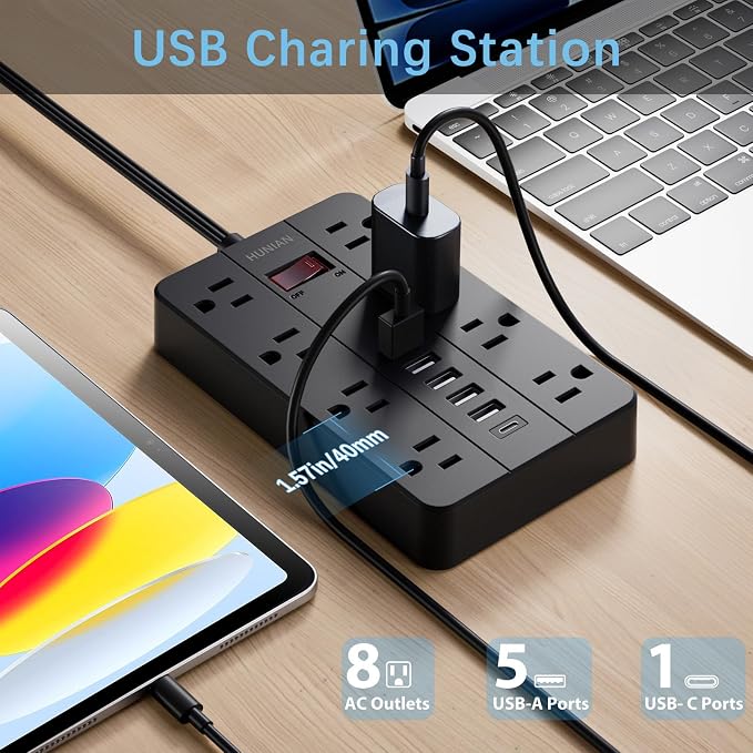 15 Ft Long Extension Cord Power Strip Surge Protector, HUNIAN Flat Plug - Image 2
