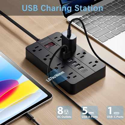 Power Strip Surge Protector, HUNIAN Flat Plug 10 Ft Long Extension Cord - Image 2