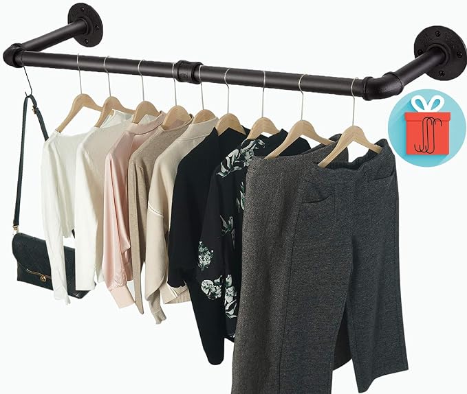 Clothes Rack Wall Mount with 3 Hooks, Industrial Pipe Clothes Rod, Heavy Duty by Crehomfy