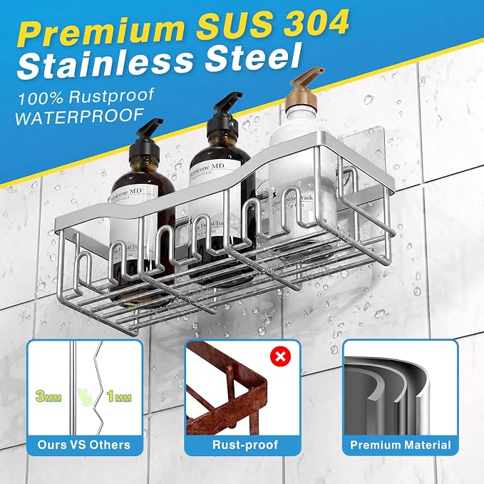 EUDELE 5-Pack Rustproof Stainless Steel Shower Caddy – No Drill Adhesive - Image 5