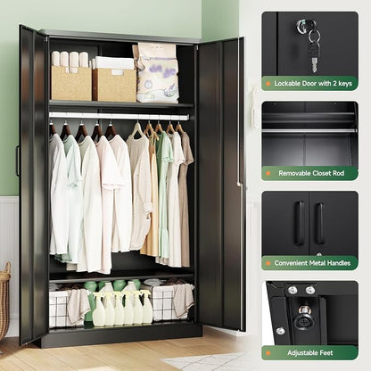 Metal Wardrobe Cabinets with Lock, Clothing Locker 72" X 36" X 18" Storage - Image 6