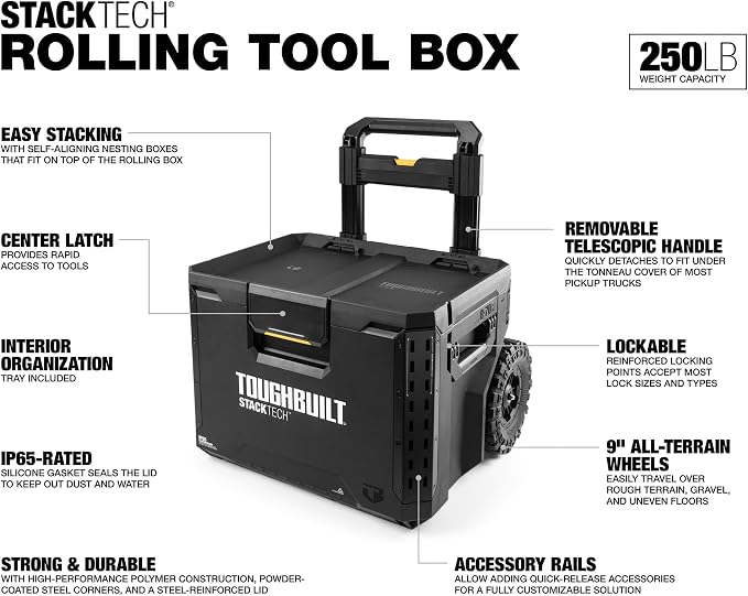 ToughBuilt Portable 2-in-1 Rolling Tool Box, Wheels & Stackable Design - Image 2