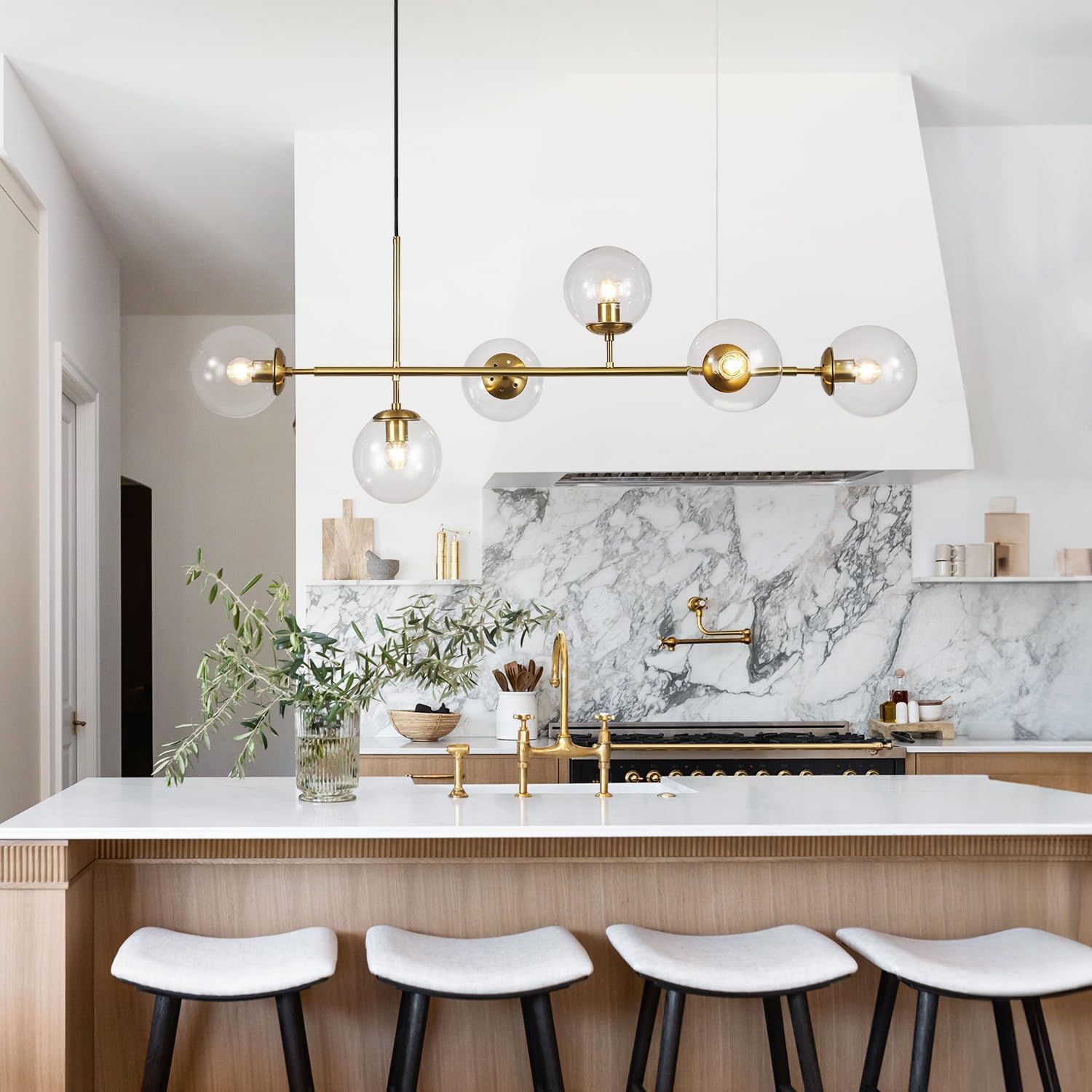 KCO Lighting 6 Light Bubble Chandelier Lighting Clear Glass Globe Chandelier Brass Gold Linear Pendant Light Mid Century Modern Pendant Light for Living Room Kitchen Island Dining Room
