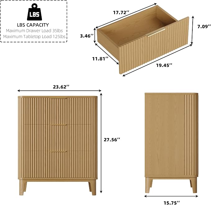 3 Drawer Fluted Dresser for Bedroom, Modern Closet Dressers Chest of Drawers - Image 2
