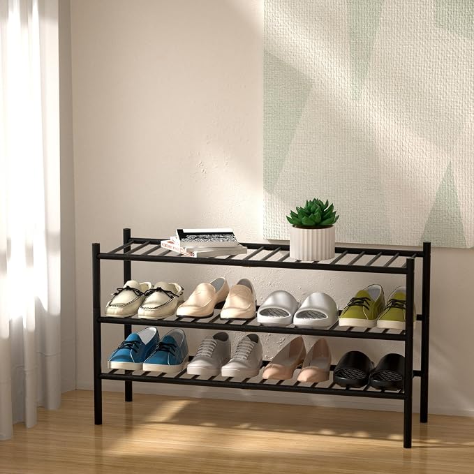 3-Tier Bamboo Long Shoe Rack, Free Standing Wood Shoe Shelf Storage Organizer - Image 2