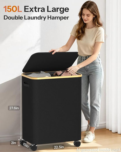 Double Laundry Hamper with Lid and Wheels, 150L Large Laundry Basket with 2 - Image 2