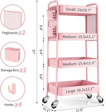 TOOLF 4 Tier Rolling Cart with Pegboard, Metal Storage Organizer Cart with - Image 9