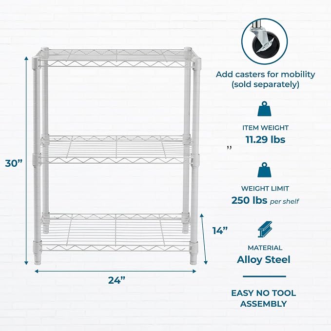 Honey-Can-Do 3-Tier White Wire Shelf, 250 lb/Shelf, kitchen & garage; no tools - Image 3