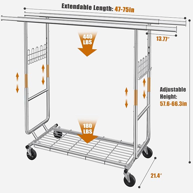 Heavy Duty Clothes Rack Load 620 Lbs, Double Rod Rolling Clothing Rack - Image 8
