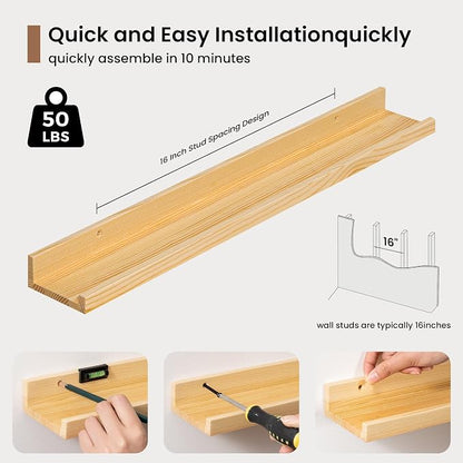 Picture Ledge Shelf, Solid Pine Wood Floating Shelves Set of 2, 24 Inches - Image 5