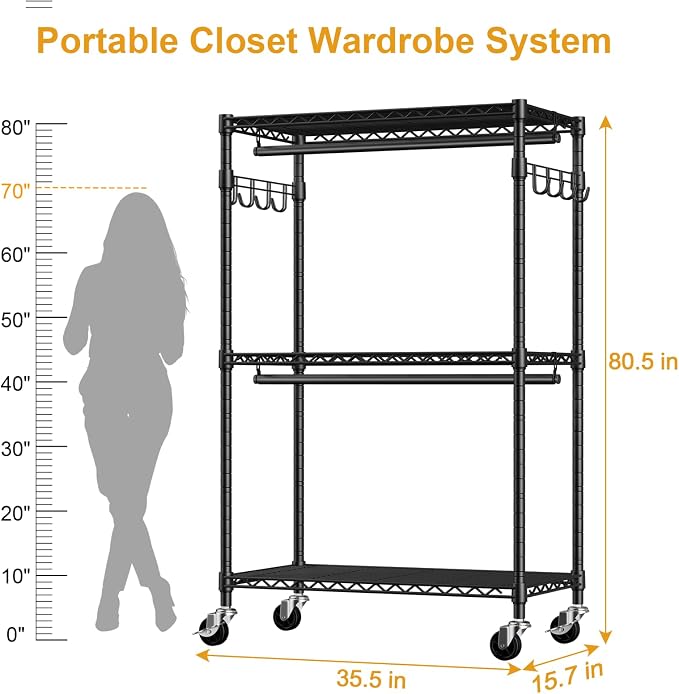 P1 Rolling Clothes Rack, Portable Wardrobe Closet - Image 6