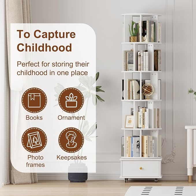 5-Tier Rotating Bookshelf with Drawers on Wheels, 360° Spinning Corner Bookcase - Image 4