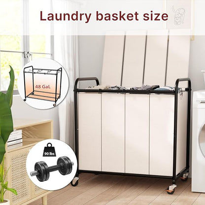 180L Laundry Sorter 4 Section – Heavy Duty Rolling Laundry Basket - Image 3