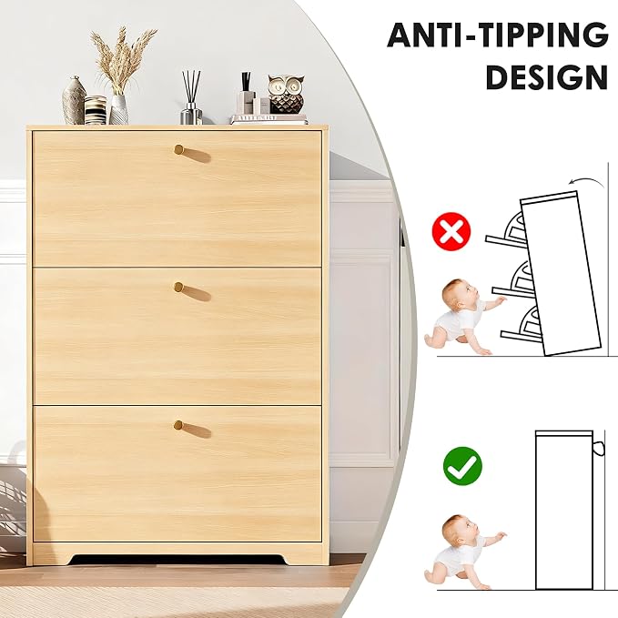 Nicetree Shoe Cabinet with 3 Flip Drawers, Entryway Storage, Natural Oak | - Image 9