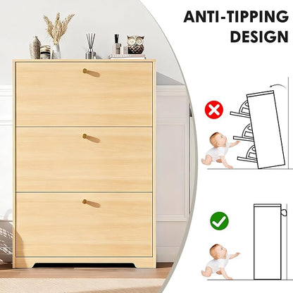 Nicetree Shoe Cabinet with 3 Flip Drawers, Entryway Storage, Natural Oak | - Image 9