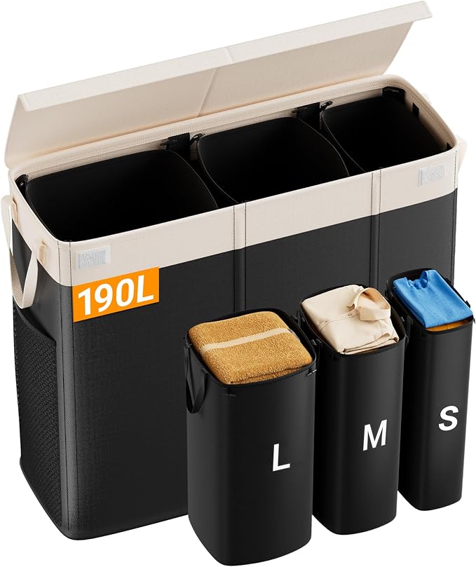 190L Laundry Hamper with Lid, Large Laundry Basket with Lid and 3 Section by FURICHER