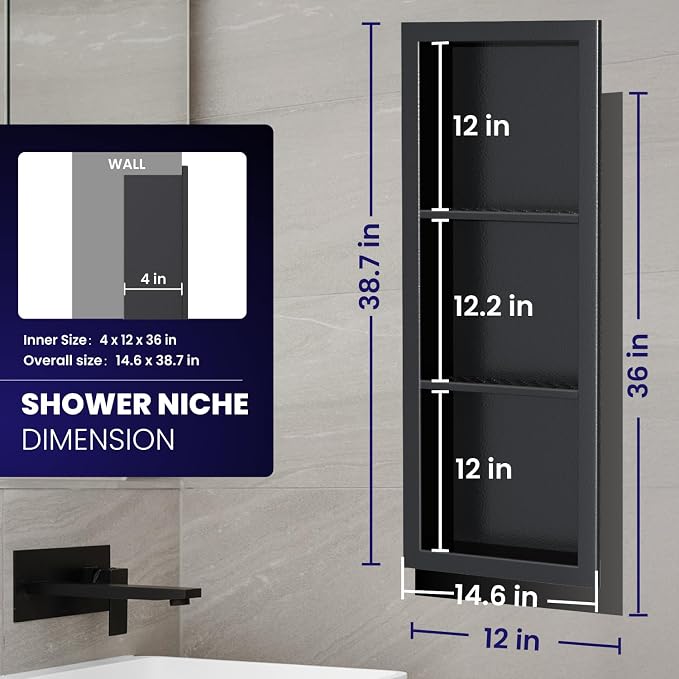 12" x 36" Stainless Steel Shower Niche, 3-Tier Waterproof Shelves, No-Tile - Image 3