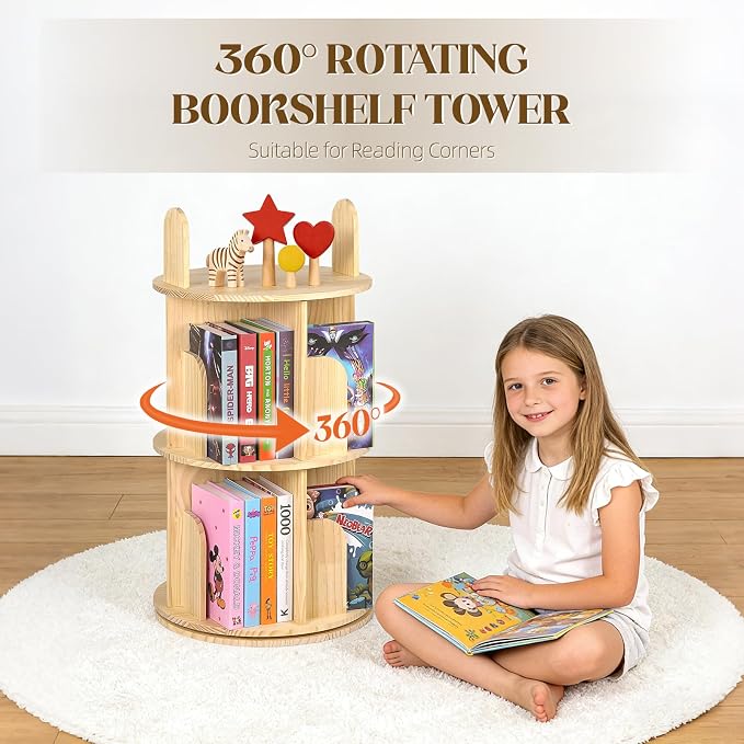 Kryonix 5 Tier Rotating Bookshelf, 360° Spinning Solid Pine Wood Bookcase | - Image 3